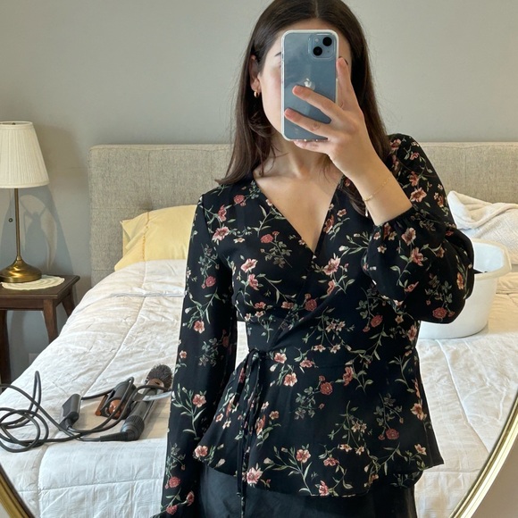 Floral Black Wrap Blouse - Picture 1 of 3